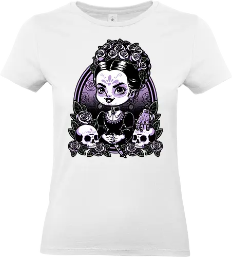 Gothic Muerte Girl - The Addams Family, Wednesday Addams, Addams Family, Morticia Addams, Gomez Addams, Thing, Wednesday, Dia De Los Muertos, Santa Muerte, Goth, Gothic, Skull, Skeleton, Flower, Roses, Tattoo, Traditional Tattoo, Halloween, Spooky, Spooky Season, Tv Show, TV, Movie, Book, Creepy, Scary, Creepy Doll, horror - Standard T-Shirt (Women)