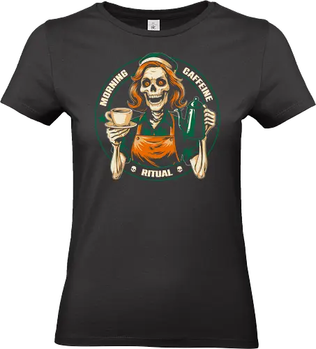 Caffeine Ritual - coffee, caffeine, halloween, skull, funny, spooky, ritual, barista, humor, dark, espresso, cartoon, parody, creepy, unique, death, morning, quirky, addict, brew - Standard T-Shirt (Women)