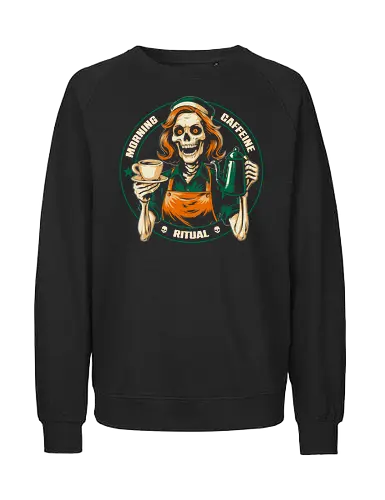 Caffeine Ritual - coffee, caffeine, halloween, skull, funny, spooky, ritual, barista, humor, dark, espresso, cartoon, parody, creepy, unique, death, morning, quirky, addict, brew - Fairtrade Sweatshirt
