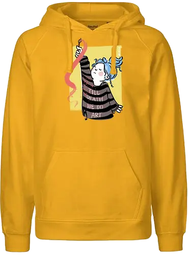 till death we do art - Ringelpullisprüche, Ringeldinger, streifenweise, Spruch, Weisheit, Motivation, Ringelpulli, SprücheShirt, Cartoon Illustration, Kunst, art, Statement, Handgezeichnet, Humor, Selbstironie, Streifenpulli, Spruchshirt, deutsch - Fairtrade Hoodie