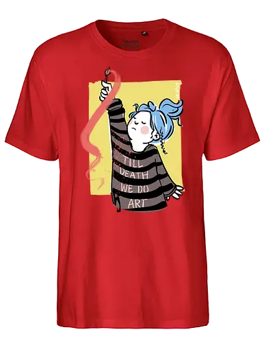 till death we do art - Ringelpullisprüche, Ringeldinger, streifenweise, Spruch, Weisheit, Motivation, Ringelpulli, SprücheShirt, Cartoon Illustration, Kunst, art, Statement, Handgezeichnet, Humor, Selbstironie, Streifenpulli, Spruchshirt, deutsch - Fairtrade T-Shirt