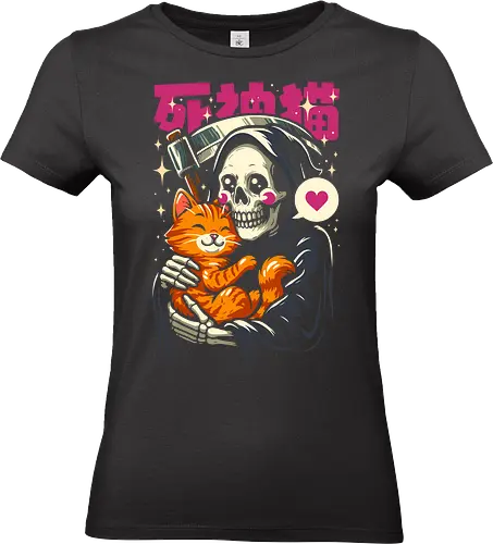 Grim Reaper Loves Cute Cat - cat, grim, grim reaper, cats, cute, cute cat, humor, gothic, japan, japanese, anime, funny, animal, geek, aesthetic, illustration, love, skull, skeleton - Standard T-Shirt (Women)