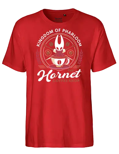 Pharloom Hornet Coffee Crest - Bug Knight, silksong, hallownest, the knight, hollow, hornet, indie game, shade, gamer, gaming, video game, coffee, pale king, grub, sherma - Fairtrade T-Shirt