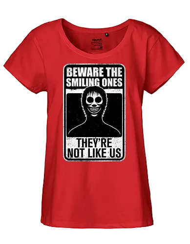 Horror Signs Smiling Creatures - scary, cool, awesome, horror, horror stories, creepy, horror movies, books, spooky season, Halloween, creepypastas, shadow creature, shadow figure, smile, demon, spirit, shadow person, dead, ghost, friend, friends, sign - Fairtrade Girl Shirt