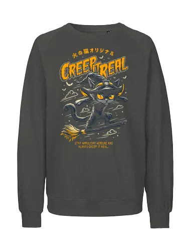 Creep it Real - Witch Cat - creep it real, witch cat, nekomancer, halloween, cat humor, trick or treat, spoopy, creepy, pumpkin, spooky, skate, surf, skateboard, ride the wave, ride the wind, horror, cute cat, cat joke, funny cat, internet meme, hilarious, funny meme, cat meme, humor, kitten, kitty, meow, pumpkin spice, don't boo - Fairtrade Sweatshirt