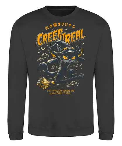 Creep it Real - Witch Cat - creep it real, witch cat, nekomancer, halloween, cat humor, trick or treat, spoopy, creepy, pumpkin, spooky, skate, surf, skateboard, ride the wave, ride the wind, horror, cute cat, cat joke, funny cat, internet meme, hilarious, funny meme, cat meme, humor, kitten, kitty, meow, pumpkin spice, don't boo - Sweatshirt