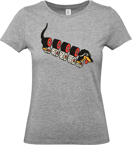 Wiener Roll - Dachshund, sushi, dog, sausage dog, wiener dog, art print, t-shirt design, funny, cute, humorous, food art, animal lover gift, Japanese food, minimalist, dog lover, pet owner, sushi lover - Standard T-Shirt (Women)