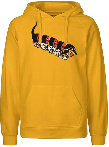 Wiener Roll - Dachshund, sushi, dog, sausage dog, wiener dog, art print, t-shirt design, funny, cute, humorous, food art, animal lover gift, Japanese food, minimalist, dog lover, pet owner, sushi lover - Fairtrade Hoodie