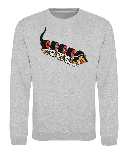 Wiener Roll - Dachshund, sushi, dog, sausage dog, wiener dog, art print, t-shirt design, funny, cute, humorous, food art, animal lover gift, Japanese food, minimalist, dog lover, pet owner, sushi lover - Sweatshirt