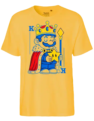 King of Stars - king of stars, retro game art, mario parody, video game nostalgia, mustache hero, pop art design, gamer fashion, geek style, magical star, nerd culture, funny king art, unique graphic tee, crown and star, retro vibes, cosplay inspired - Fairtrade T-Shirt
