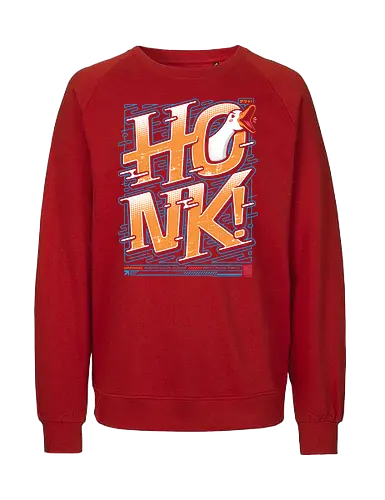 HONK! - goose honk, funny goose, aggressive goose, goose meme, honk design, japanese tech style, vibrant colors, meme t-shirt, funny animal shirt, goose lover, goose warning, honk goose, quirky streetwear, bold typography design, japanese inspired humor, cyber goose, techwear aesthetic, comedy shirt, internet meme shirt, funny gift - Fairtrade Sweatshirt