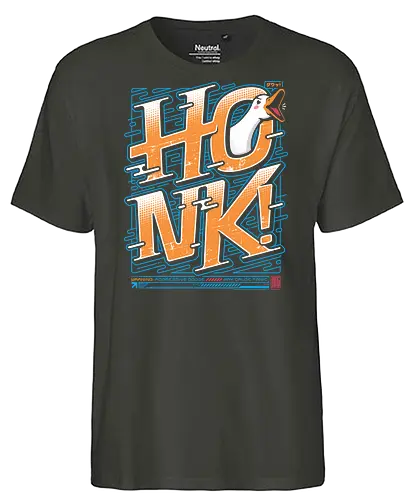 HONK! - goose honk, funny goose, aggressive goose, goose meme, honk design, japanese tech style, vibrant colors, meme t-shirt, funny animal shirt, goose lover, goose warning, honk goose, quirky streetwear, bold typography design, japanese inspired humor, cyber goose, techwear aesthetic, comedy shirt, internet meme shirt, funny gift - Fairtrade T-Shirt