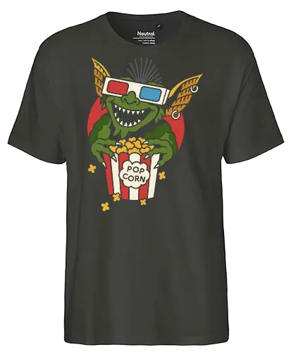 Popcorn Gremlin - Gremlins, Gizmo, classic movie, 80s movie, horror-comedy, fan art, t-shirt design, art print, pop culture, geek art, movie night, monster, popcorn, retro, throwback, cinema, horror fan - Fairtrade T-Shirt