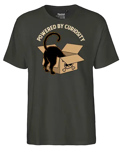 Powered By Curiosity  - cat, animal, box, curiosity, curious cat, cute, feline, funny, humor, kitten, kitty, meow, mischief, pet lover, whimsical - Fairtrade T-Shirt