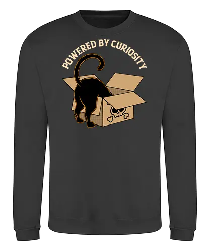 Powered By Curiosity  - cat, animal, box, curiosity, curious cat, cute, feline, funny, humor, kitten, kitty, meow, mischief, pet lover, whimsical - Sweatshirt