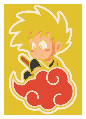 Cute Kid Goku - Kid Goku, Goku, Dragon, Flying Nimbus, anime, manga, cute, kawaii, classic anime, retro, fan art, t-shirt design, art print, pop culture, geek art, nostalgic, Chibi, Japanese anime - Artprint