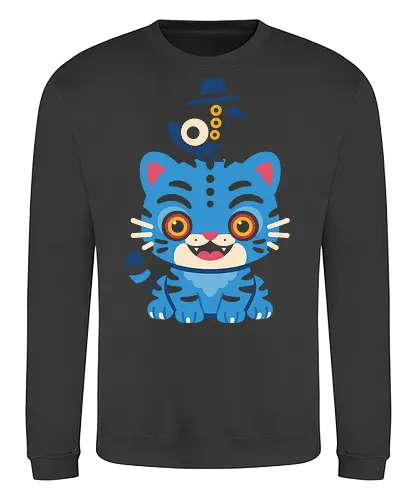Cat and Bird Duo - Cute cat, blue cat, bird, top hat, animal art, whimsical, quirky, fantasy, art print, t-shirt design, fan art, pet lover gift, cartoon, fun, modern art, creature art - Sweatshirt