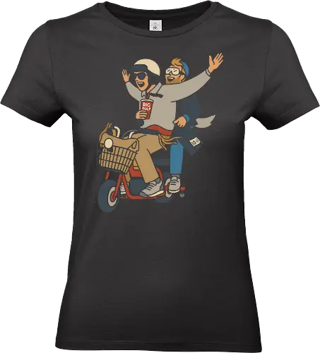 On a Moped for a Good Time - Moped, adventure, friends, fun, Big Gulp, retro, stylish, unique art, cool, art print, t-shirt design, urban adventure, hipster, minimalist, funny, pop culture - Standard T-Shirt (Women)