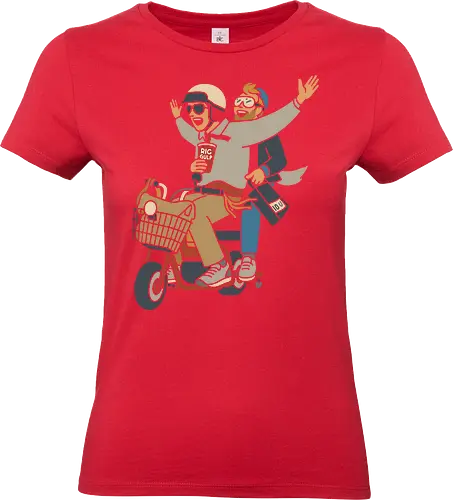 On a Moped for a Good Time - Moped, adventure, friends, fun, Big Gulp, retro, stylish, unique art, cool, art print, t-shirt design, urban adventure, hipster, minimalist, funny, pop culture - Standard T-Shirt (Women)