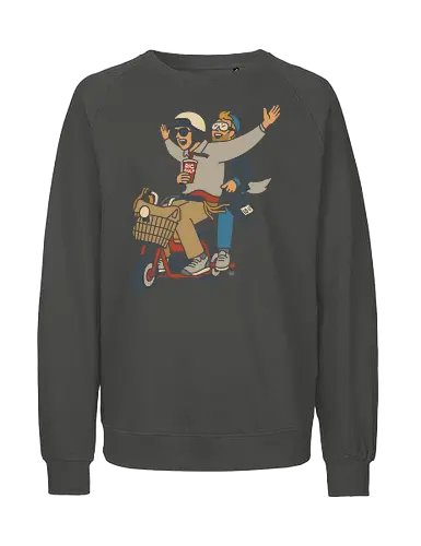 On a Moped for a Good Time - Moped, adventure, friends, fun, Big Gulp, retro, stylish, unique art, cool, art print, t-shirt design, urban adventure, hipster, minimalist, funny, pop culture - Fairtrade Sweatshirt
