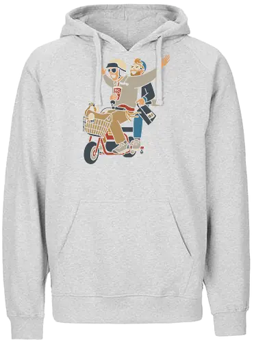 On a Moped for a Good Time - Moped, adventure, friends, fun, Big Gulp, retro, stylish, unique art, cool, art print, t-shirt design, urban adventure, hipster, minimalist, funny, pop culture - Fairtrade Hoodie