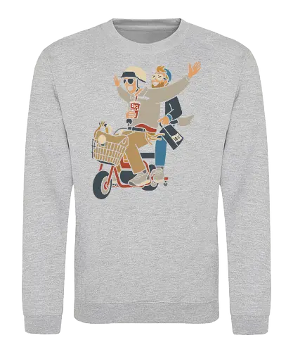 On a Moped for a Good Time - Moped, adventure, friends, fun, Big Gulp, retro, stylish, unique art, cool, art print, t-shirt design, urban adventure, hipster, minimalist, funny, pop culture - Sweatshirt