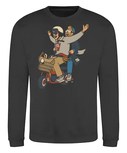 On a Moped for a Good Time - Moped, adventure, friends, fun, Big Gulp, retro, stylish, unique art, cool, art print, t-shirt design, urban adventure, hipster, minimalist, funny, pop culture - Sweatshirt