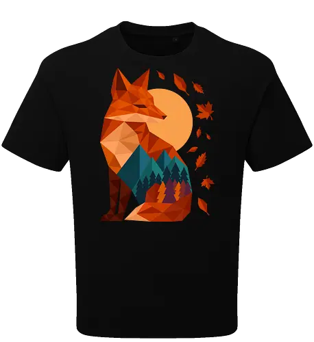 Geometric Fox Under Autumn Moon - fall, abstract, autumn, autumn leaves, autumn season, colorful, fall vibes, fox, geometric, lanscape, moon, mountain, nature, travel, outdoors - Oversize T-Shirt