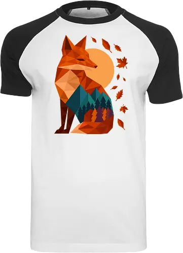 Geometric Fox Under Autumn Moon - fall, abstract, autumn, autumn leaves, autumn season, colorful, fall vibes, fox, geometric, lanscape, moon, mountain, nature, travel, outdoors - Raglan T-Shirt