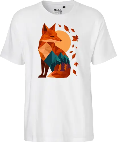 Geometric Fox Under Autumn Moon - fall, abstract, autumn, autumn leaves, autumn season, colorful, fall vibes, fox, geometric, lanscape, moon, mountain, nature, travel, outdoors - Fairtrade T-Shirt