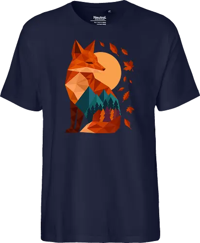 Geometric Fox Under Autumn Moon - fall, abstract, autumn, autumn leaves, autumn season, colorful, fall vibes, fox, geometric, lanscape, moon, mountain, nature, travel, outdoors - Fairtrade T-Shirt