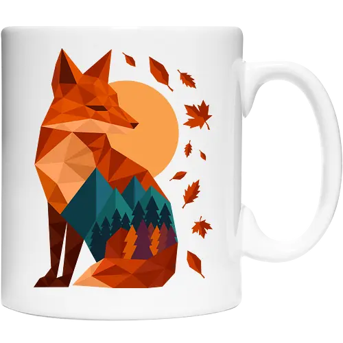 Geometric Fox Under Autumn Moon - fall, abstract, autumn, autumn leaves, autumn season, colorful, fall vibes, fox, geometric, lanscape, moon, mountain, nature, travel, outdoors - Cup