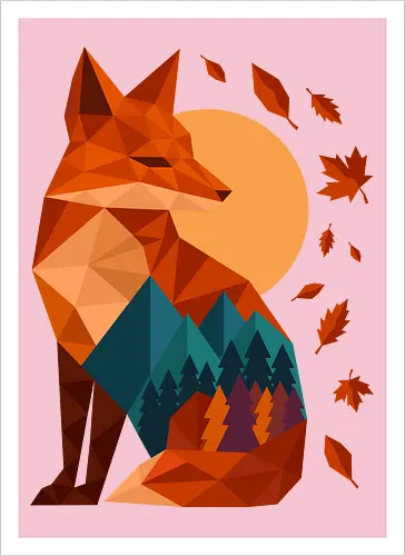 Geometric Fox Under Autumn Moon - fall, abstract, autumn, autumn leaves, autumn season, colorful, fall vibes, fox, geometric, lanscape, moon, mountain, nature, travel, outdoors - Artprint