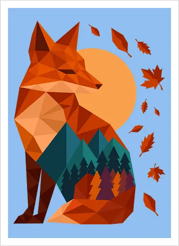 Geometric Fox Under Autumn Moon - fall, abstract, autumn, autumn leaves, autumn season, colorful, fall vibes, fox, geometric, lanscape, moon, mountain, nature, travel, outdoors - Artprint