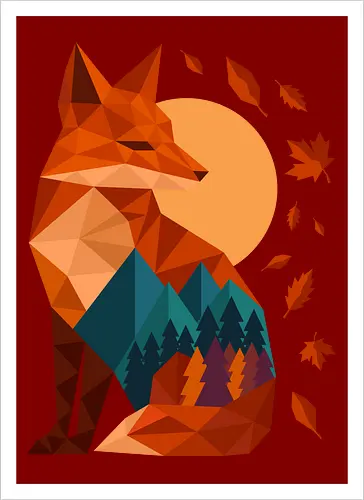 Geometric Fox Under Autumn Moon