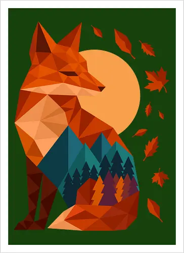 Geometric Fox Under Autumn Moon - fall, abstract, autumn, autumn leaves, autumn season, colorful, fall vibes, fox, geometric, lanscape, moon, mountain, nature, travel, outdoors - Artprint
