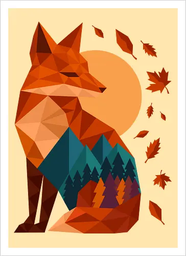 Geometric Fox Under Autumn Moon