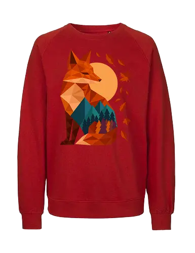 Geometric Fox Under Autumn Moon - fall, abstract, autumn, autumn leaves, autumn season, colorful, fall vibes, fox, geometric, lanscape, moon, mountain, nature, travel, outdoors - Fairtrade Sweatshirt