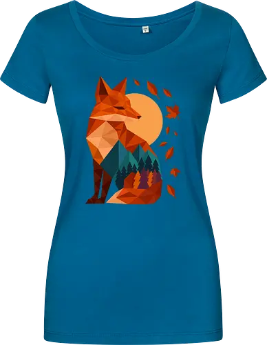 Geometric Fox Under Autumn Moon - fall, abstract, autumn, autumn leaves, autumn season, colorful, fall vibes, fox, geometric, lanscape, moon, mountain, nature, travel, outdoors - Women T-Shirt