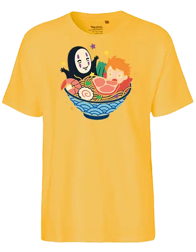 Spirited Ramen Bowl - Spirited Away, Miyazaki, foodie, pop culture, kawaii, famous anime, ramen, anime, manga, art print, t-shirt design, fan art, Japanese food, geek art, whimsical, cute - Fairtrade T-Shirt