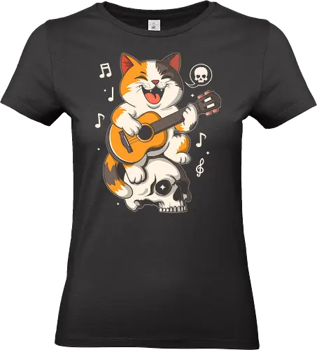 Rock ‘n’ Skull Cat - cat with guitar, cartoon music art, rock cat, skull cat, halloween cat, funny cat art, spooky music design, guitar cat, rock and roll kitty, creepy cute art, cartoon skull, cat illustration, rock vibes, spooky season cat, music lover design, halloween humor, adorable horror art, funny spooky cat, quirky halloween style - Standard T-Shirt (Women)