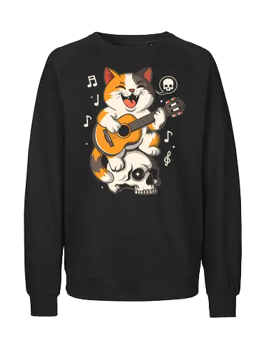 Rock ‘n’ Skull Cat - cat with guitar, cartoon music art, rock cat, skull cat, halloween cat, funny cat art, spooky music design, guitar cat, rock and roll kitty, creepy cute art, cartoon skull, cat illustration, rock vibes, spooky season cat, music lover design, halloween humor, adorable horror art, funny spooky cat, quirky halloween style - Fairtrade Sweatshirt