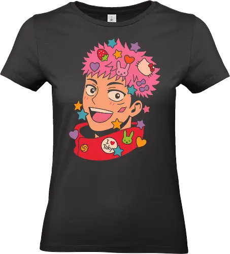 Cute Yuji Itadori - Yuji Itadori, Jujutsu, JJK, anime, manga, kawaii, cute, Harajuku, Cat, fan art, t-shirt design, art print, pink, stars, bunny, pop culture, geek art, Chibi, anime fan gift, funny anime - Standard T-Shirt (Women)