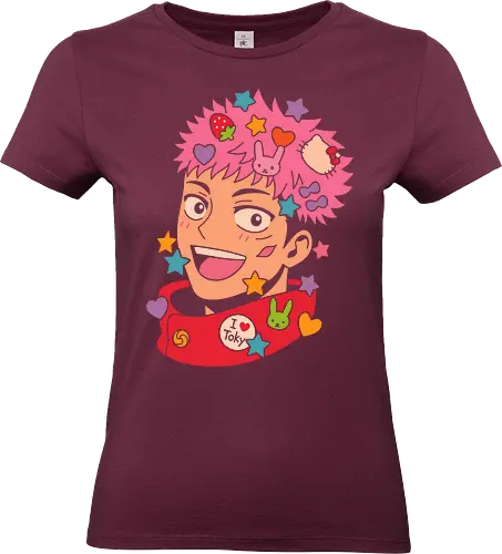  Cute Yuji Itadori - Yuji Itadori, Jujutsu, JJK, anime, manga, kawaii, cute, Harajuku, Cat, fan art, t-shirt design, art print, pink, stars, bunny, pop culture, geek art, Chibi, anime fan gift, funny anime - Standard T-Shirt (Women)