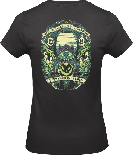 Meowgic ritual - halloween, spooky, ghost, cartoon, funny, slasher, terror, monsters, cat lover, cat, cute, forest, pumpkin - Standard T-Shirt (Women)