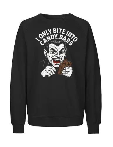 Only Candy Bars - Vampire, candy bar, funny vampire, classic horror, Dracula, Halloween, retro graphic, distressed, ironic humor, spooky, t-shirt design, art print, monster, chocolate, vintage horror, cool, humor - Fairtrade Sweatshirt