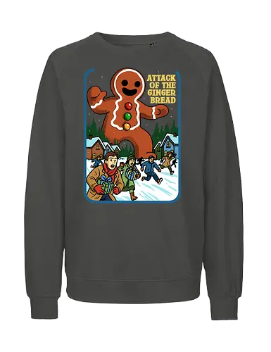 Attack of the Gingerbread  - retro horror, Christmas horror, retro Christmas, vintage Christmas, gingerbread attack, gingerbread monster, absurd, Christmas parody, humor, gingerbread - Fairtrade Sweatshirt