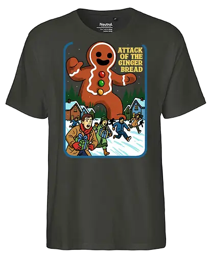 Attack of the Gingerbread  - retro horror, Christmas horror, retro Christmas, vintage Christmas, gingerbread attack, gingerbread monster, absurd, Christmas parody, humor, gingerbread - Fairtrade T-Shirt
