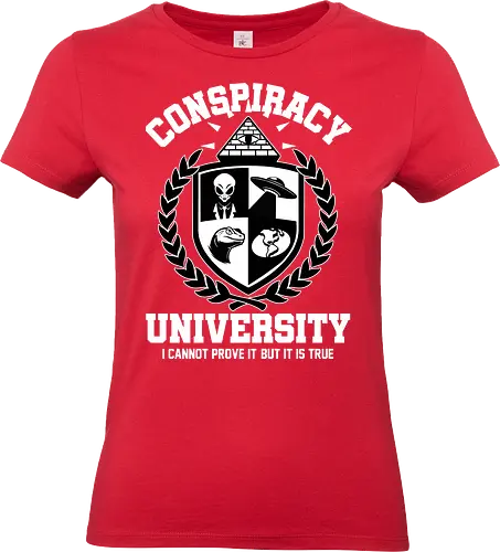 Conspiracy University Meme - University, college, fun, funny, memes, meme, internet, humor, parody, coat of arms, shield, Extraterrestrial, grey alien, alien, Conspiracy, UFO, Illuminati, pyramid, lizard folk, flat earth, earth - Standard T-Shirt (Women)
