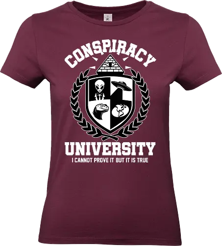 Conspiracy University Meme - University, college, fun, funny, memes, meme, internet, humor, parody, coat of arms, shield, Extraterrestrial, grey alien, alien, Conspiracy, UFO, Illuminati, pyramid, lizard folk, flat earth, earth - Standard T-Shirt (Women)